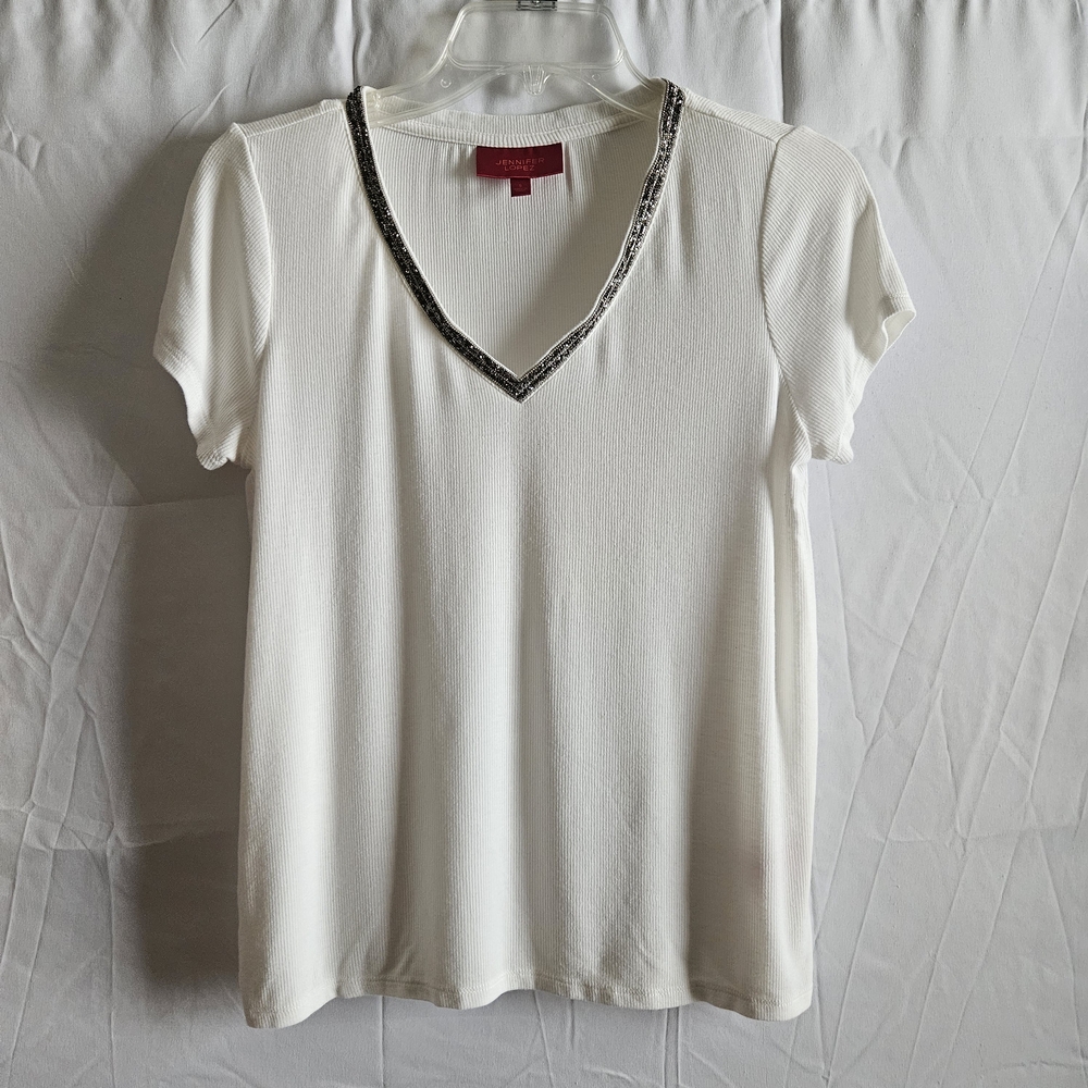 Jennifer Lopez White Fitted Embellished Top